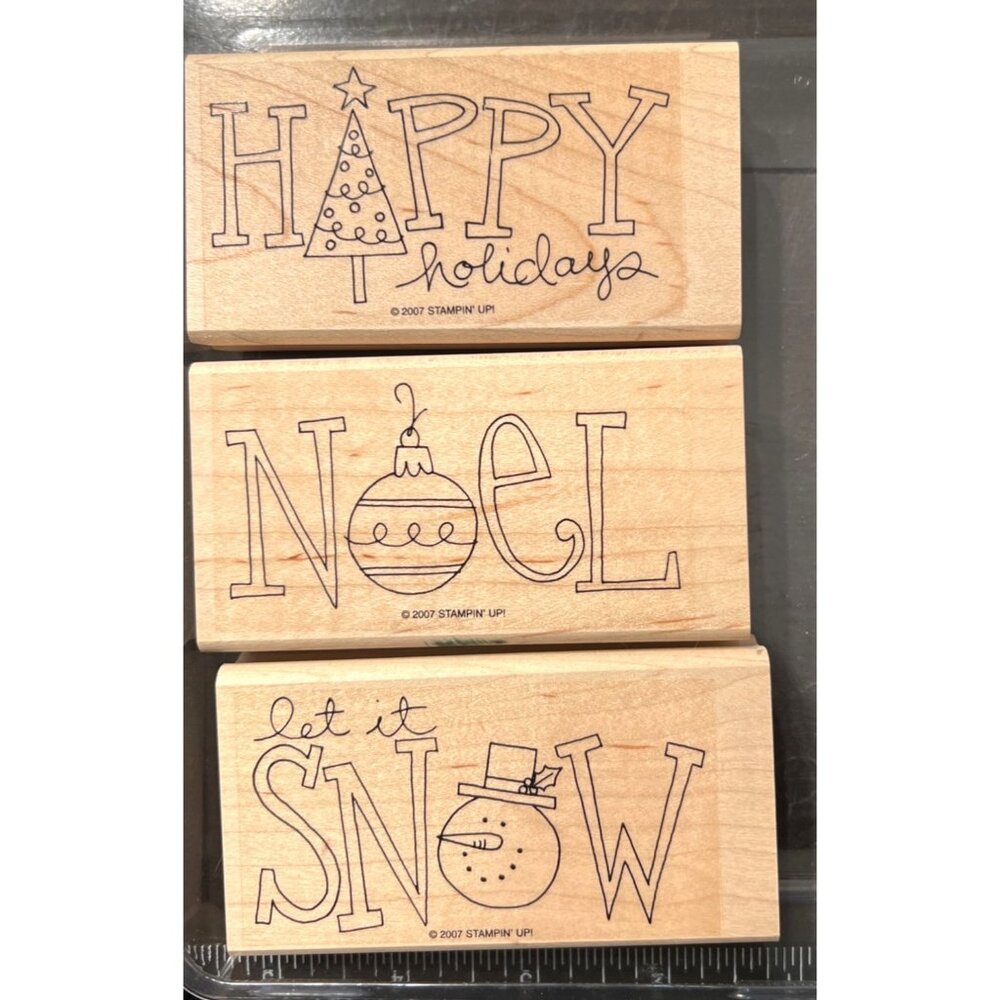 2Stampin Up! Big On Christmas Rubber Stamp Set 3-Piece Holiday Greetings Wood-Mo